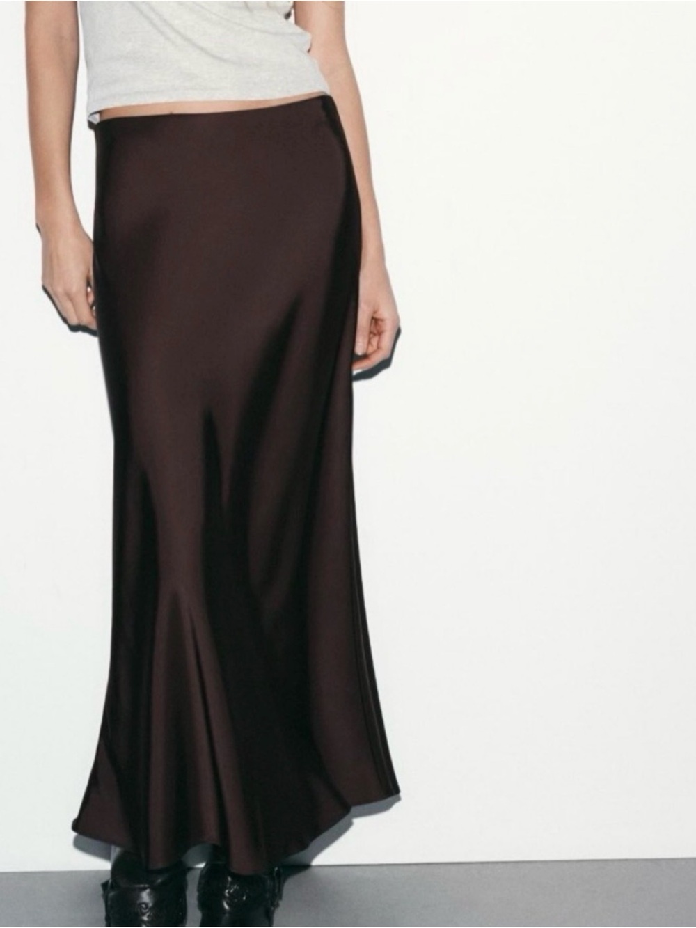 Zara Sleek Brown Satin Maxi Slip Skirt